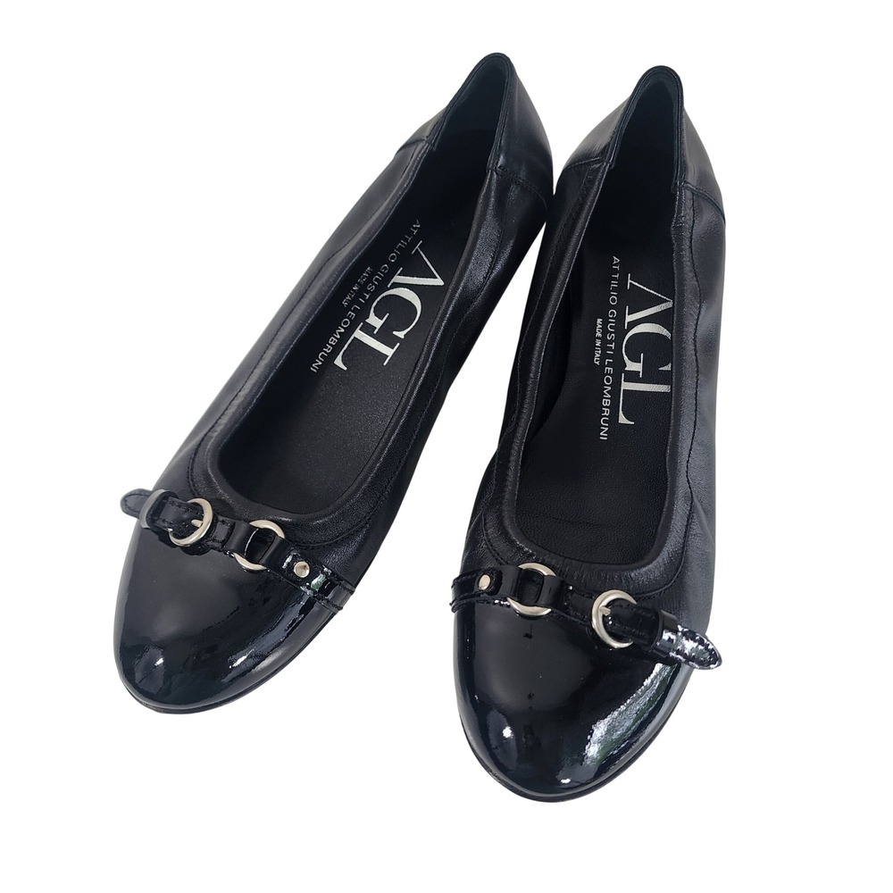AGL Attilio Giusti Leombruni Ballet Flats Black Leather Patent Cap Toe Buckle 41